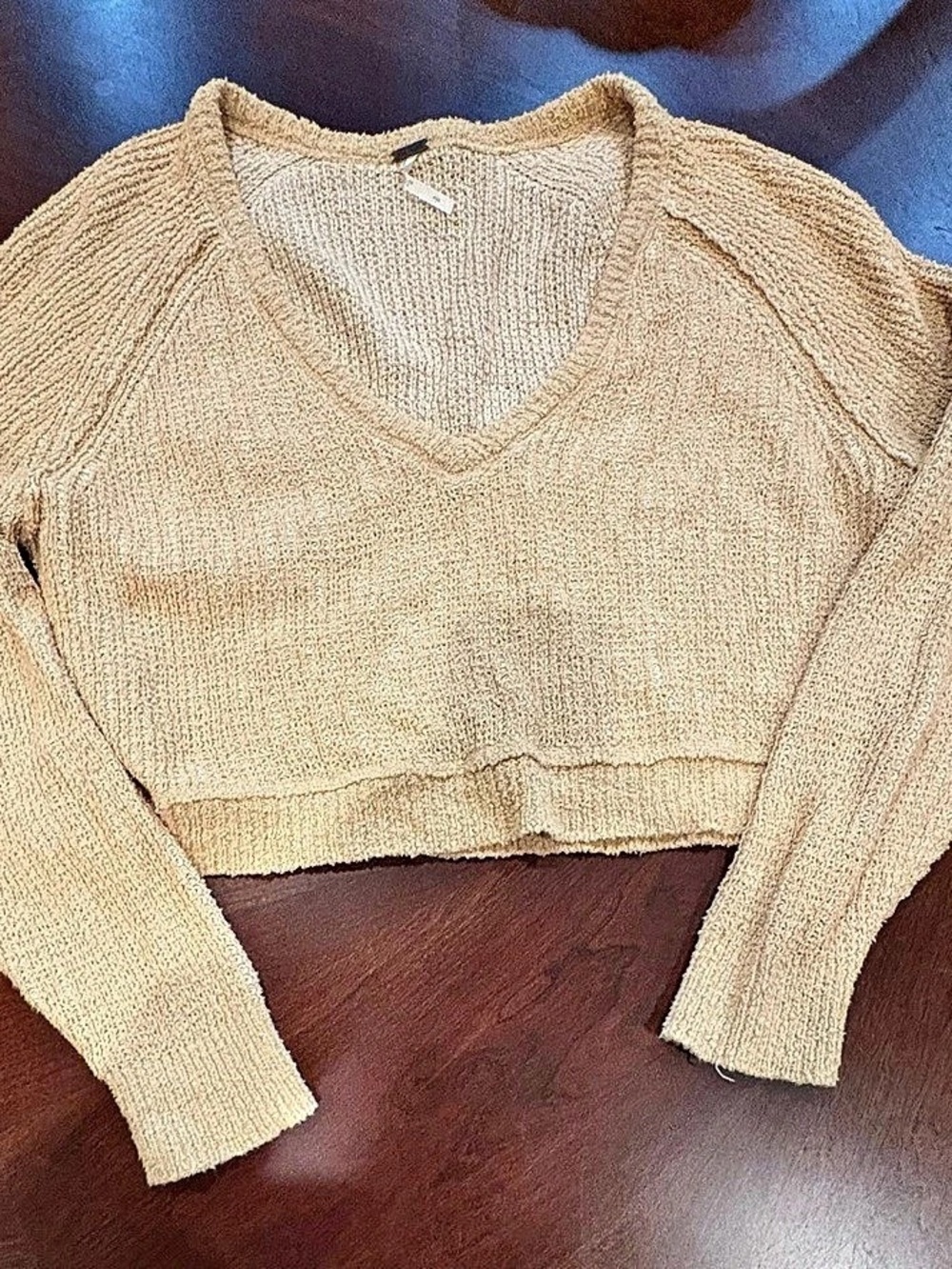 Free People Small Cream Oatmeal Chunky Knit V Neck Cropped Sweater Cotton Blend